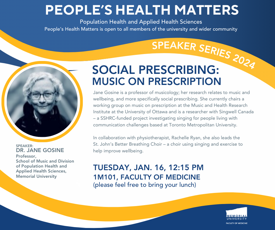 Graphic for Peoples Health Matters poster for January 16, 2024 – Dr. Jane Gosine
